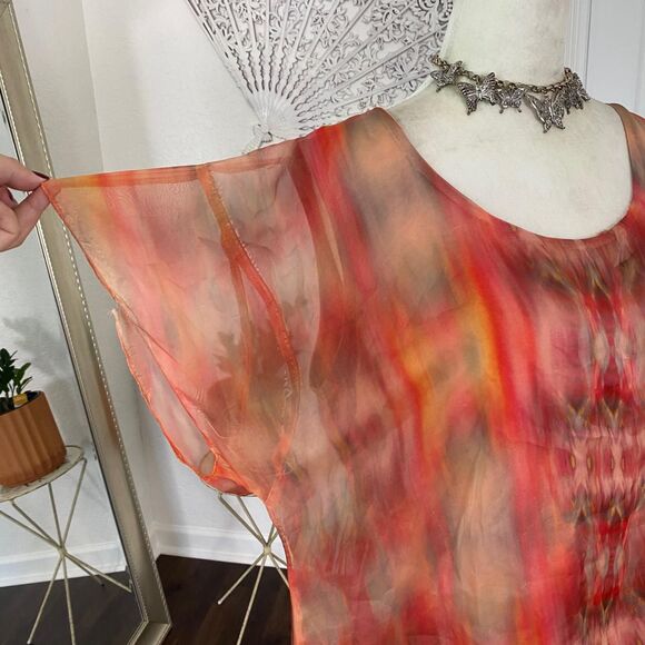 One World Boho Bat Sleeve Orange Red Tie Dye Asymmetric Shawl Top Plus Size 1X - Picture 3 of 8